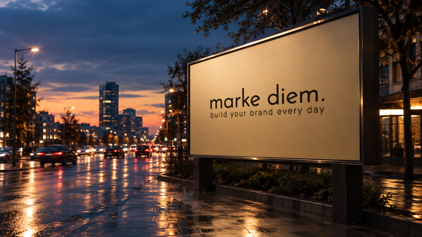 Großfläche am Abend an einer Ausfallstraße, bespielt mit der Marke marke diem